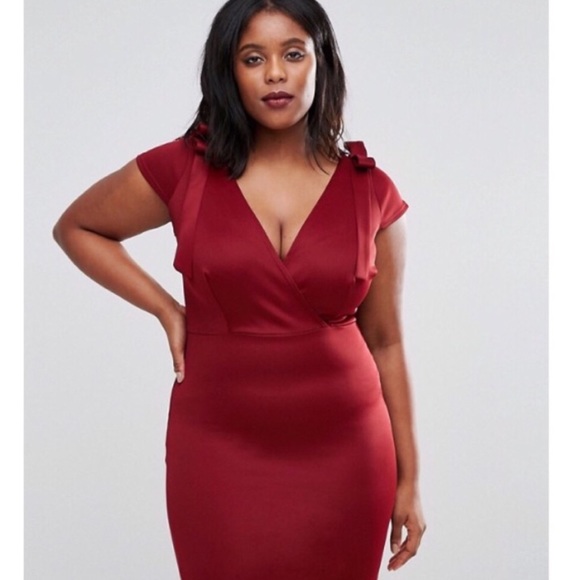 Asos Curve Tie Shoulder V-Neck Berry Mini Dress - Picture 2 of 4